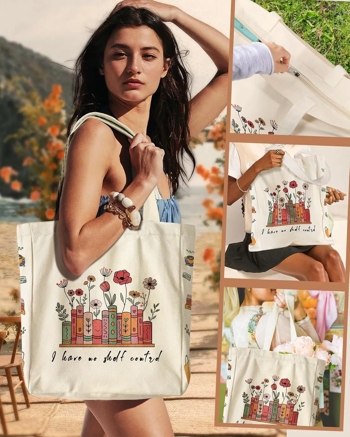 Large Canvas Tote Bag for Women - with Zipper and Inner Pocket Aesthetic Cute Shoulder Bag for Shopping Daily