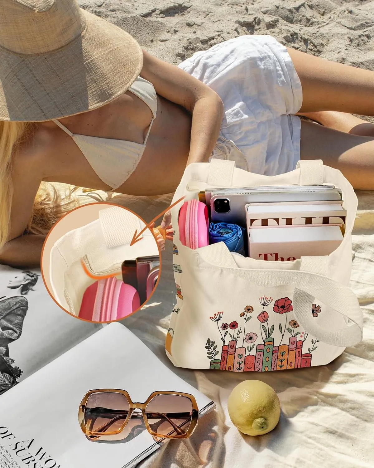 Large Canvas Tote Bag for Women - with Zipper and Inner Pocket Aesthetic Cute Shoulder Bag for Shopping Daily