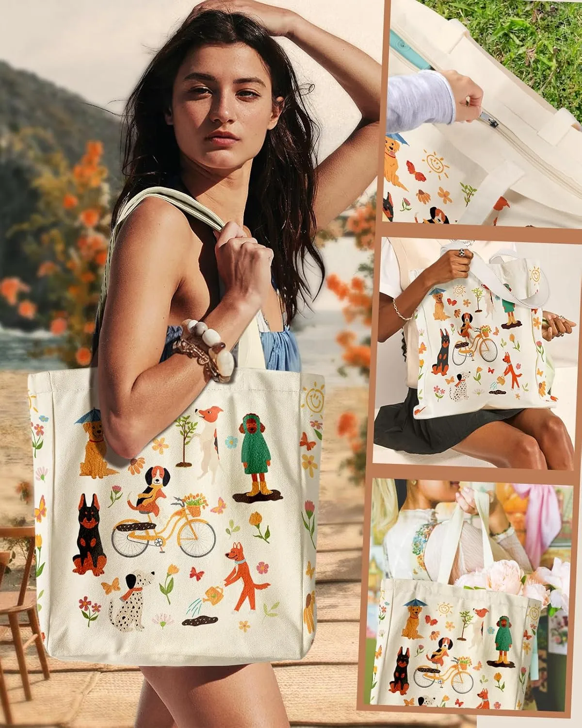 Large Canvas Tote Bag for Women - with Zipper and Inner Pocket Aesthetic Cute Shoulder Bag for Shopping Daily