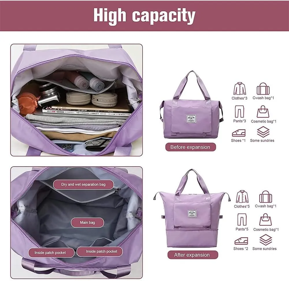 Large Capacity Folding Travel Bag, Foldable Travel Duffel Bag, Dry and Wet Separation Sports Portable Shoulder Bag, Lightweight Waterproof Carry Luggage Bag for Travel, Sports and Gym (Black)