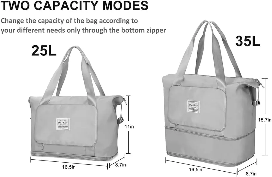 Large Capacity Folding Travel Bag, Lightweight Waterproof Luggage Bag, Expandable Travel Duffel Bag, Dry Wet Separated Gym Tote Bag (Light purple)