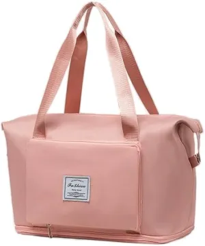 Large Capacity Folding Travel Bag, Lightweight Waterproof Luggage Bag, Expandable Travel Duffel Bag, Dry Wet Separated Gym Tote Bag (Pink)