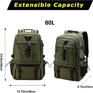 Large Capacity Hiking Backpack Outdoor Sports Travel Backpack for Men Women Waterproof Lightweight Wear-Resistant Shoulder Bag Suitable For Climbing Touring Expandable Capacity 80L Green