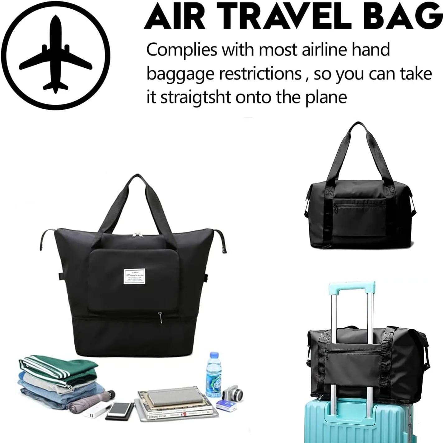 Large Capacity Travel Bag, Expandable Foldable Travel Duffel Bag, Dry and Wet Separation Portable Travel Duffel Bag, Overnight Bag for Women and Man (Black)