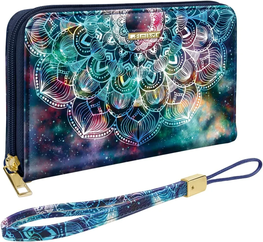 Large Capacity Wallets for Women RFID Blocking Leather Zip Around Phone Purse Ladies Travel Credit Card Clutch with Wristlet, Mandala