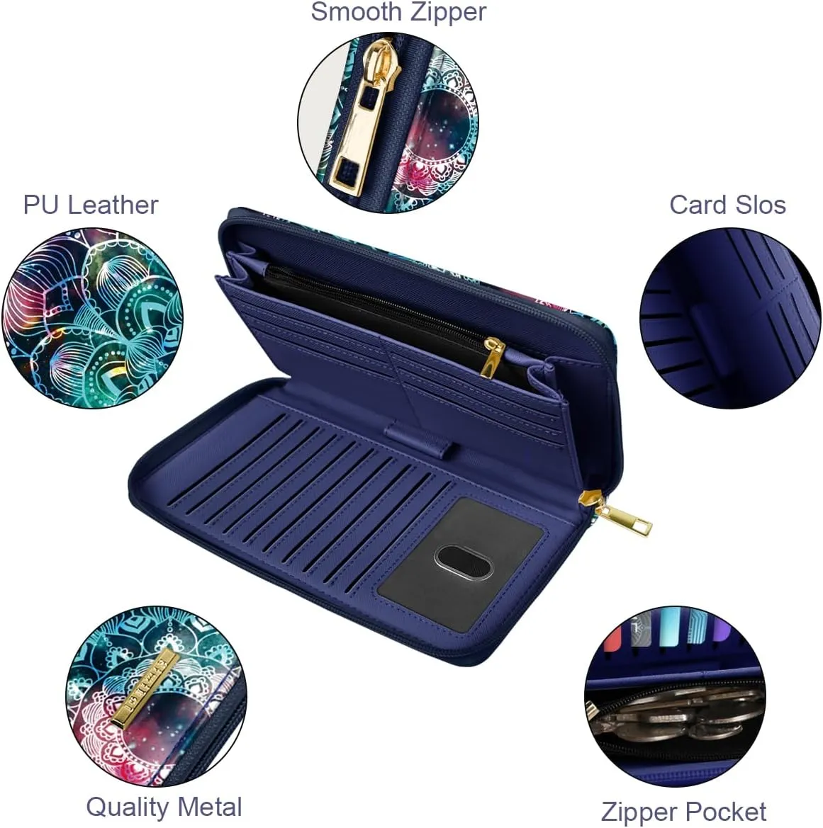 Large Capacity Wallets for Women RFID Blocking Leather Zip Around Phone Purse Ladies Travel Credit Card Clutch with Wristlet, Mandala