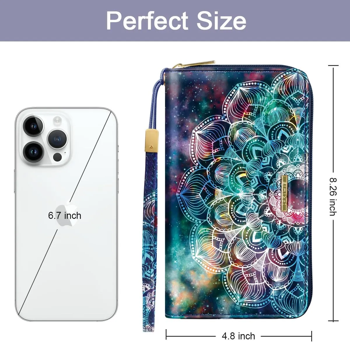 Large Capacity Wallets for Women RFID Blocking Leather Zip Around Phone Purse Ladies Travel Credit Card Clutch with Wristlet, Mandala