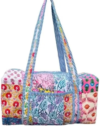 Large Cotton Weekender Travel Bag, Handmade Quilted Fabric Duffle Bag, Block Printed Overnight Bags, Hand Luggage Bag, Bags for Women Pink Bags (Color-7, 16x8x8"Inch)