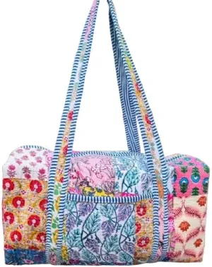 Large Cotton Weekender Travel Bag, Handmade Quilted Fabric Duffle Bag, Block Printed Overnight Bags, Hand Luggage Bag, Bags for Women Pink Bags (Color-7, 16x8x8"Inch)