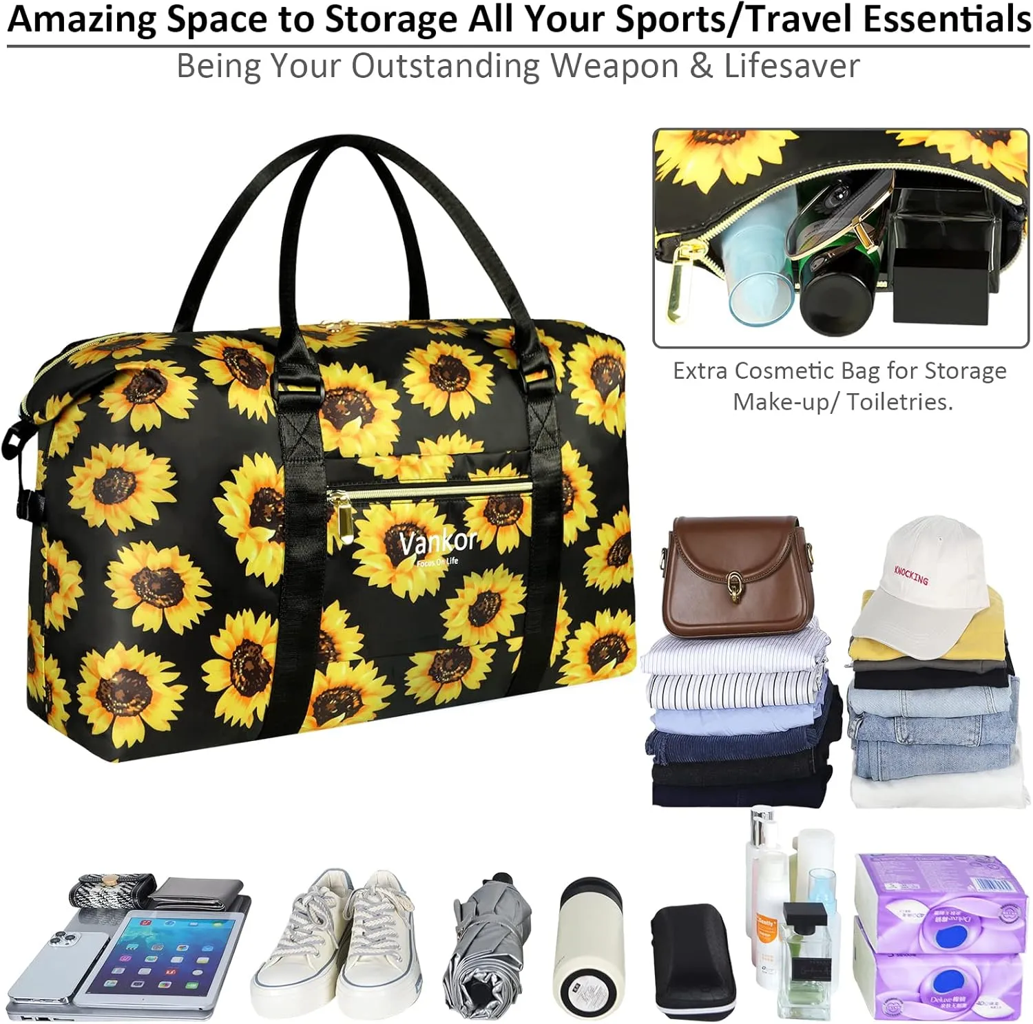 Large Duffle Bag for Travel Waterproof 21 Inch, Vankor Gym Duffel Bag for Women Men Durable Carry on Weekender Overnight Sports Luggage Weekend Beach Yoga Workout Hospital Mommy Diaper Bag Sunflower