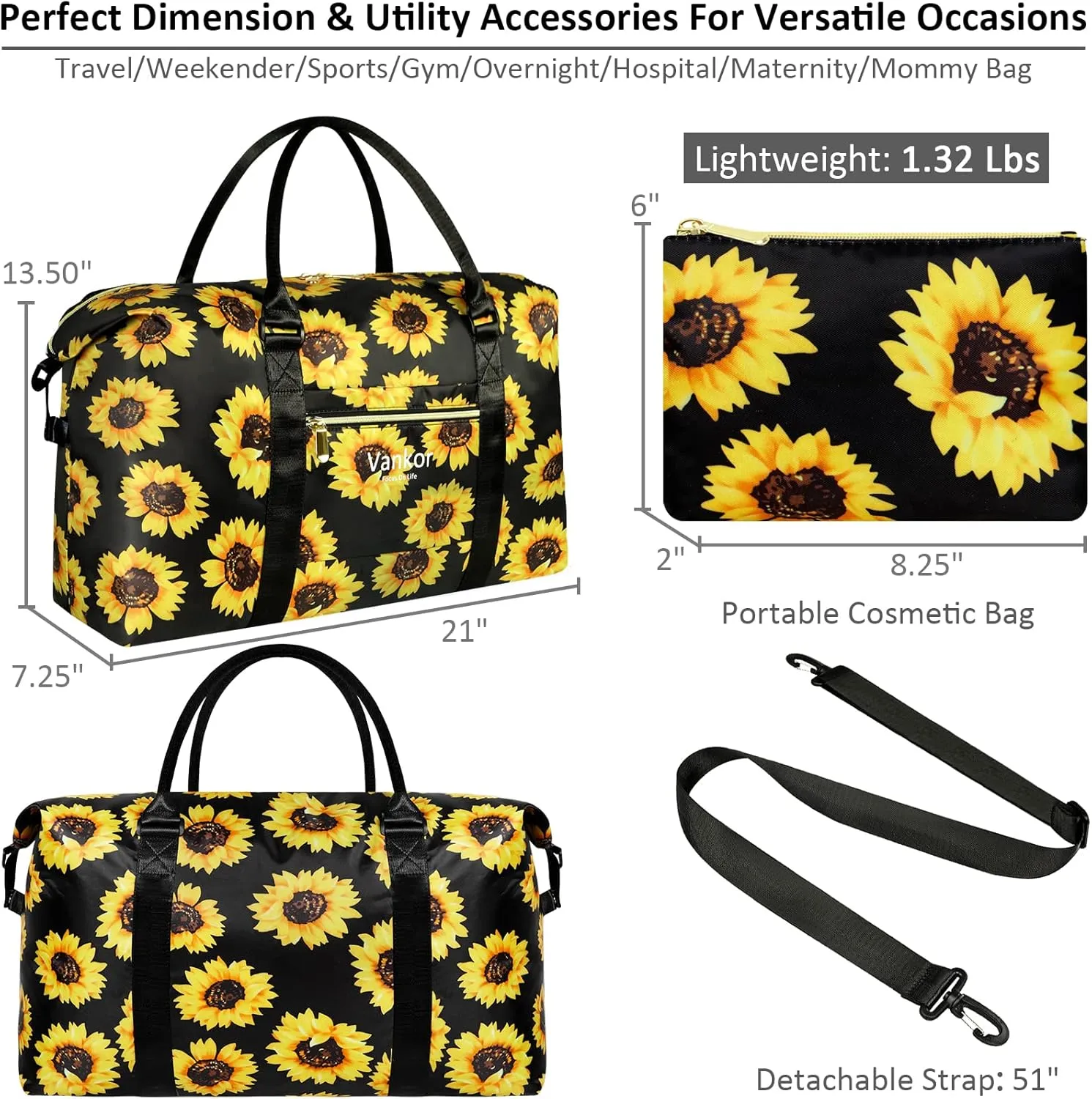 Large Duffle Bag for Travel Waterproof 21 Inch, Vankor Gym Duffel Bag for Women Men Durable Carry on Weekender Overnight Sports Luggage Weekend Beach Yoga Workout Hospital Mommy Diaper Bag Sunflower
