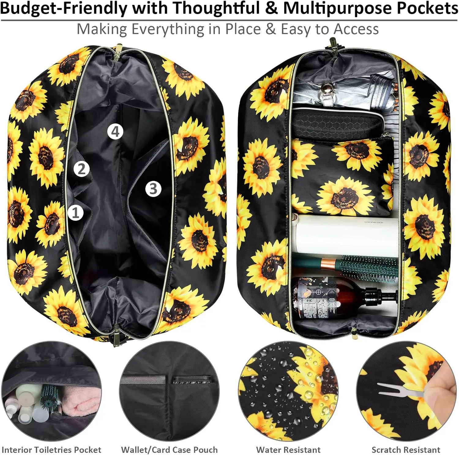 Large Duffle Bag for Travel Waterproof 21 Inch, Vankor Gym Duffel Bag for Women Men Durable Carry on Weekender Overnight Sports Luggage Weekend Beach Yoga Workout Hospital Mommy Diaper Bag Sunflower