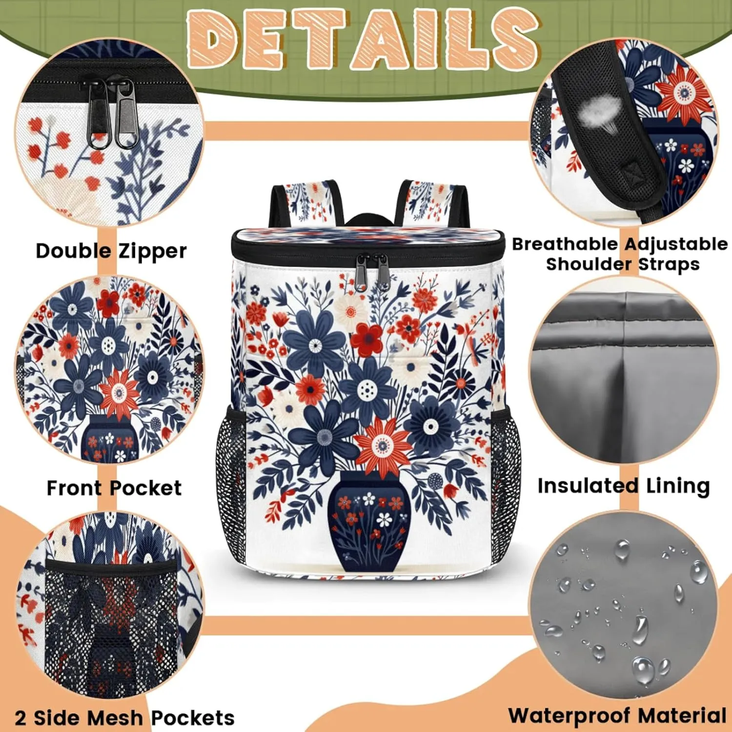 Large Insulated Cooler Backpack, Leak Proof Backpack 30 Cans, Cooler Bag for 12h Hot/Cold Retention