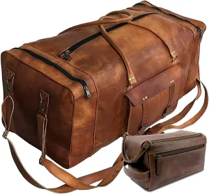 Large Leather 24 Inch Luggage Duffel Weekender Travel Overnight Carry One Duffel Bag For Men Travelling Combo With Toiletry