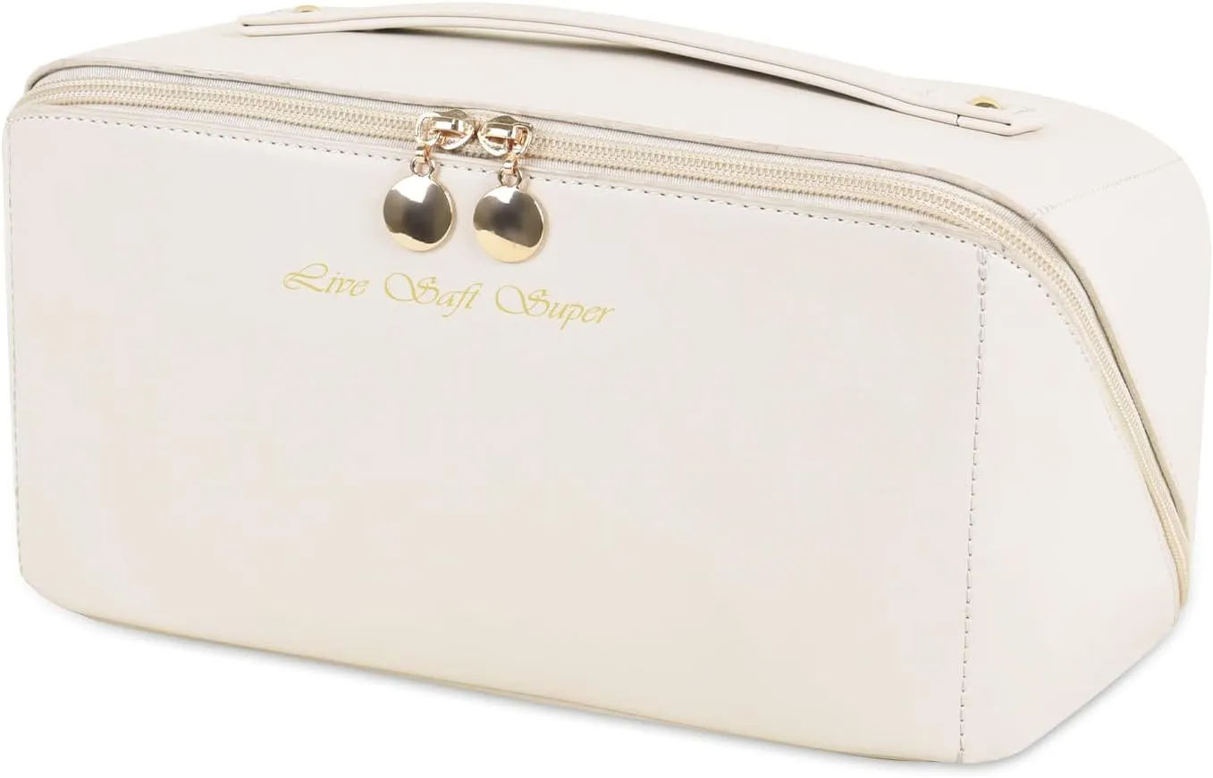 Large Makeup Organizer Travel Toiletry Bag,Water-resistant PU Makeup Cosmetic Bag for Women Toiletries Travel Bag With Compartments & Handle & Divider