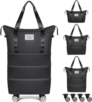 Large Rolling Duffle Bag with Wheels, Foldable Travel Bag with Wheels, 4 Layer Expandable Rolling Carry on Luggage Weekend Travel Bags for Women Men, Black