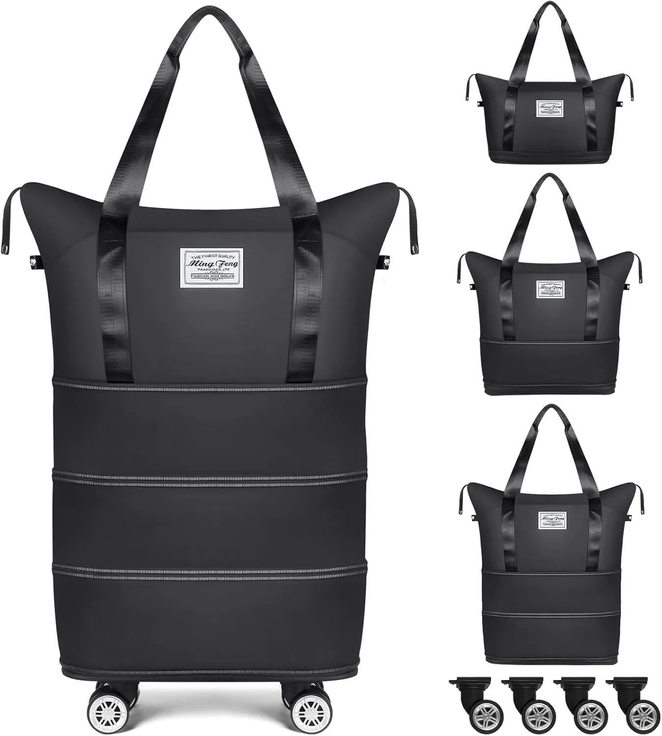 Large Rolling Duffle Bag with Wheels, Foldable Travel Bag with Wheels, 4 Layer Expandable Rolling Carry on Luggage Weekend Travel Bags for Women Men, Black