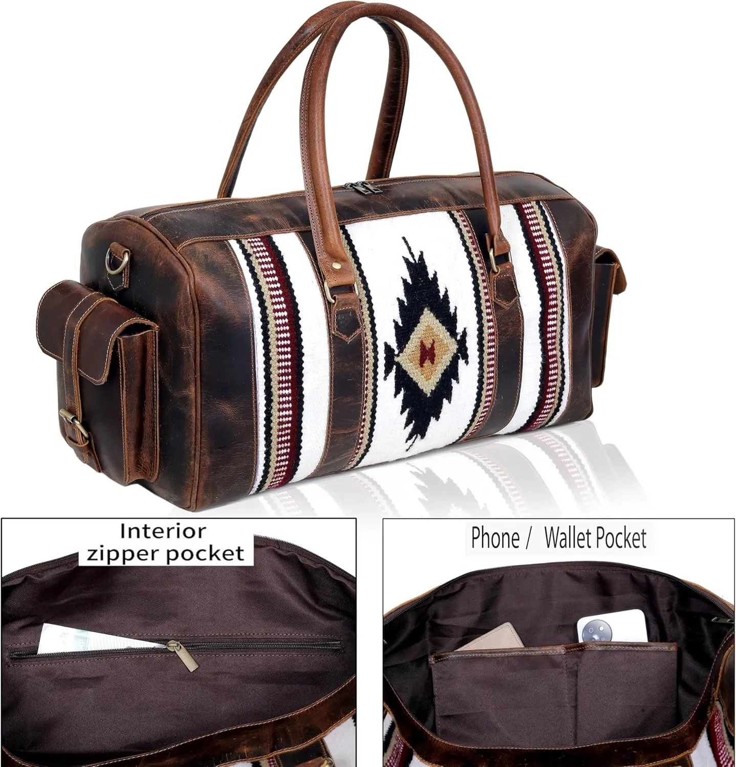 Large Size, Unisex Travel Bag, Aztec Large Weekender Southwestern Duffel Bag, Brown Leather, Shoe Duffel for Men's and Women's (Duffel Style 3)