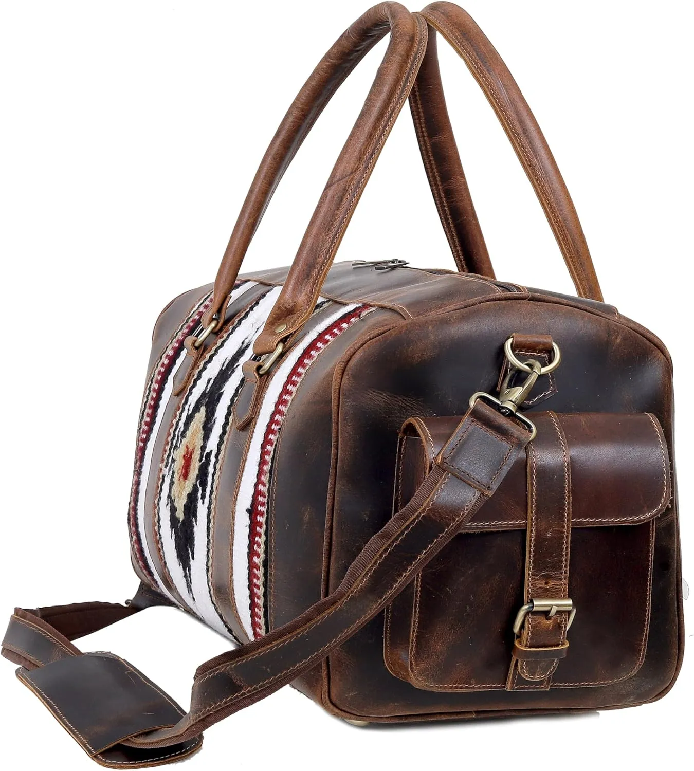 Large Size, Unisex Travel Bag, Aztec Large Weekender Southwestern Duffel Bag, Brown Leather, Shoe Duffel for Men's and Women's (Duffel Style 3)