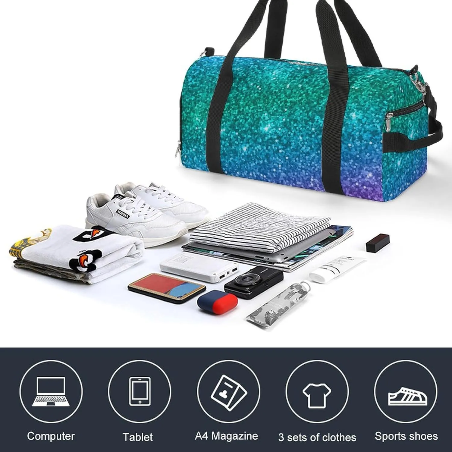 Large Sport Bag Travel Weekender Carry on Beach Yoga Overnight Luggage bag Compatible with Beautiful Turquoise Bling Glitter Sparkles Pattern