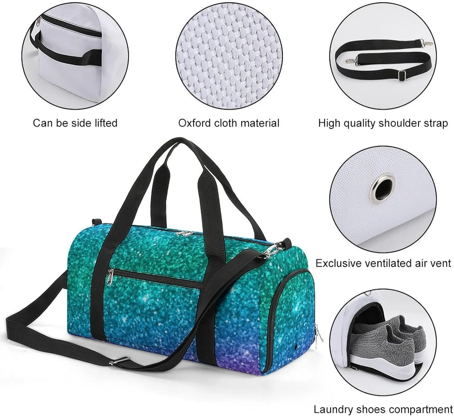 Large Sport Bag Travel Weekender Carry on Beach Yoga Overnight Luggage bag Compatible with Beautiful Turquoise Bling Glitter Sparkles Pattern