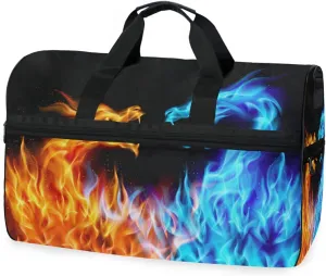 Large Travel Duffel Bag for Women Men Abstract Ice Fire Dragon Sports Tote Gym Bag Shoulder Weekender Foldable Overnight Bags with Shoe Compartments, Lightweight