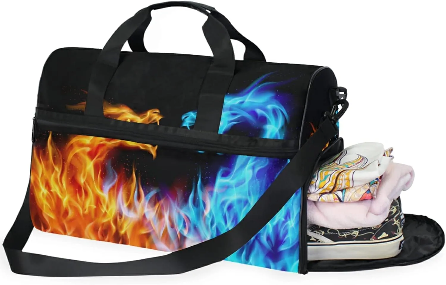 Large Travel Duffel Bag for Women Men Abstract Ice Fire Dragon Sports Tote Gym Bag Shoulder Weekender Foldable Overnight Bags with Shoe Compartments, Lightweight