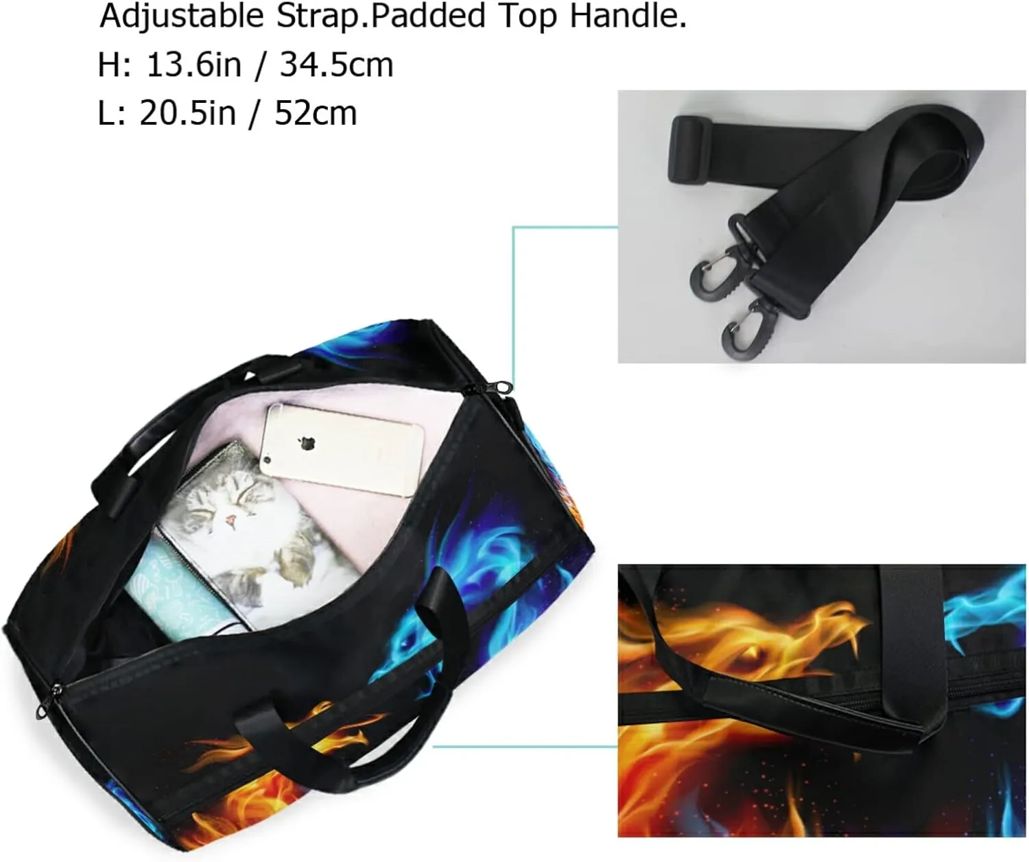 Large Travel Duffel Bag for Women Men Abstract Ice Fire Dragon Sports Tote Gym Bag Shoulder Weekender Foldable Overnight Bags with Shoe Compartments, Lightweight