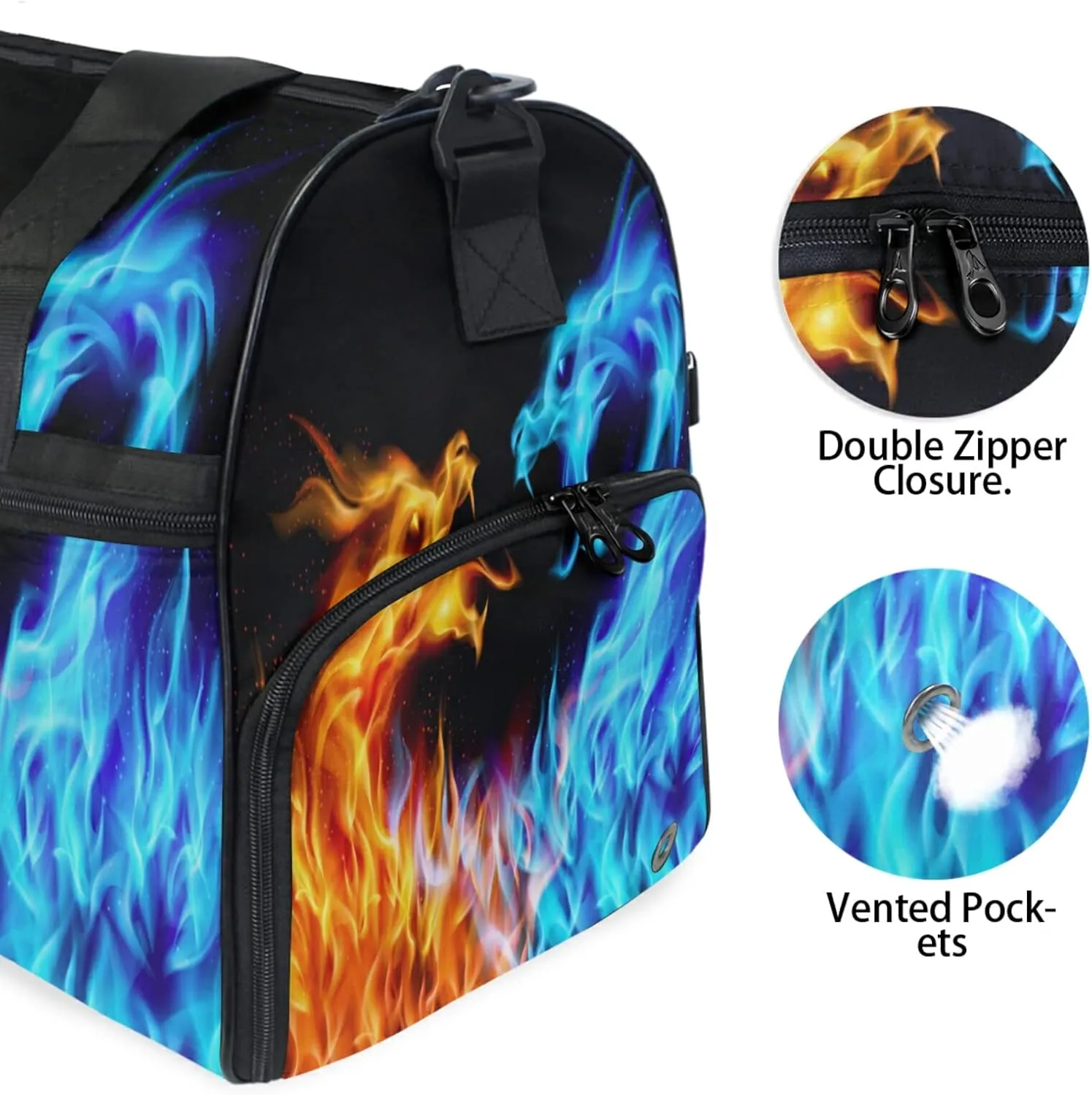 Large Travel Duffel Bag for Women Men Abstract Ice Fire Dragon Sports Tote Gym Bag Shoulder Weekender Foldable Overnight Bags with Shoe Compartments, Lightweight