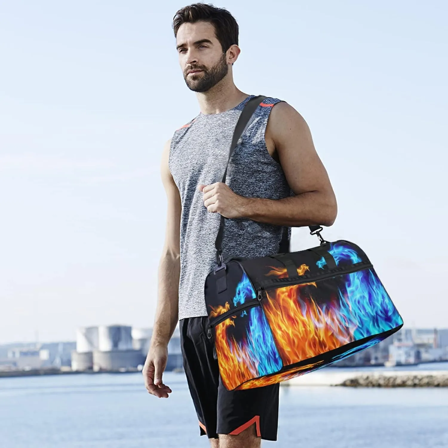 Large Travel Duffel Bag for Women Men Abstract Ice Fire Dragon Sports Tote Gym Bag Shoulder Weekender Foldable Overnight Bags with Shoe Compartments, Lightweight
