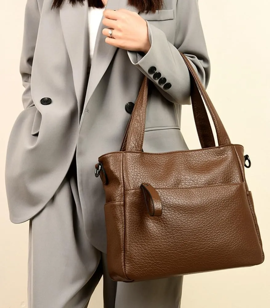 Large Vegan Leather Tote Bag for Women Soft Working Shoulder Crossbody Purse Casual Handbag Multi Pocket Satchel