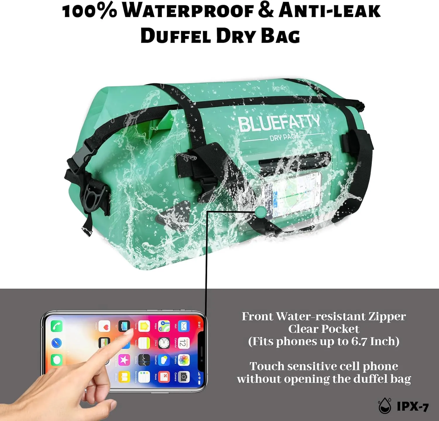 Large Waterproof Duffel Bag Roll-top Heavy Duty Dry Duffle Bags for Motorcycling, Rafting, Boating, SUP, Kayaking, Travel, 70L(Ocean Green)
