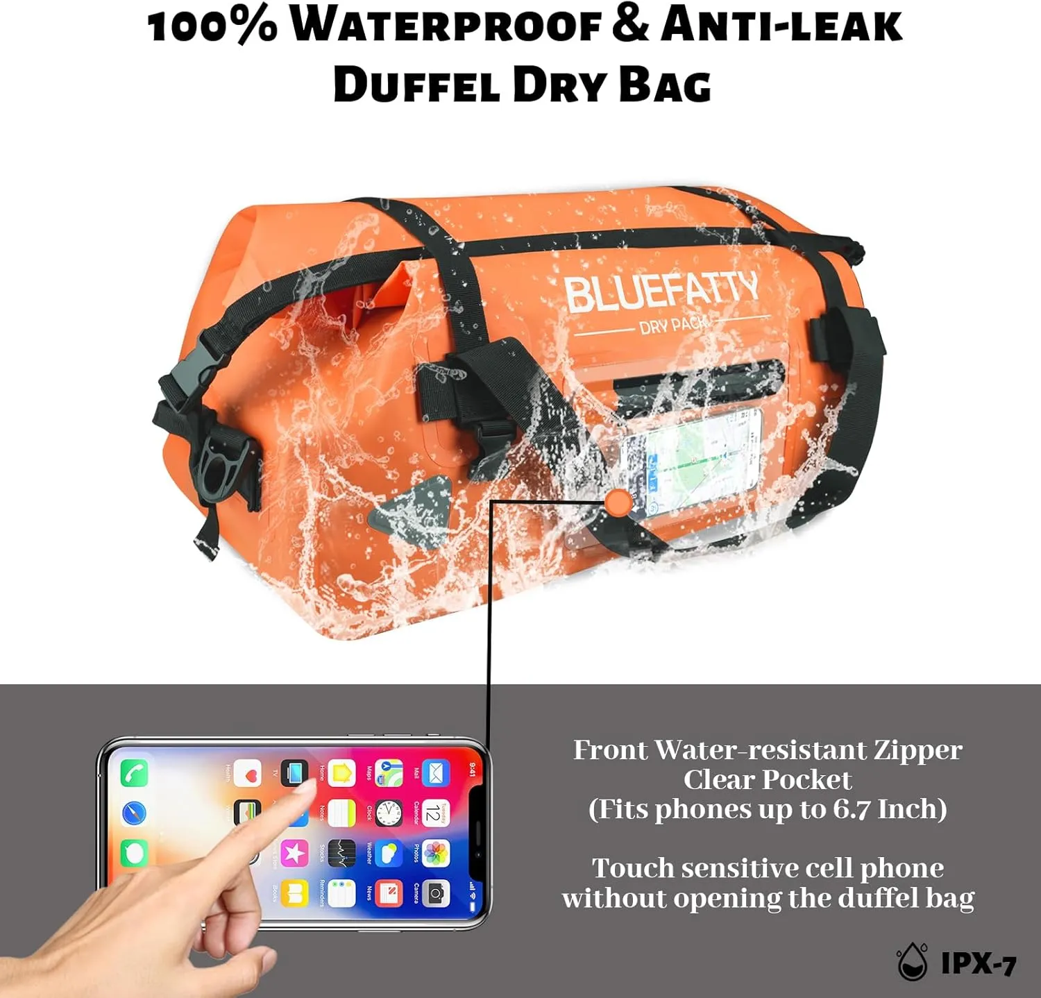 Large Waterproof Duffel Bag Roll-top Heavy Duty Dry Duffle Bags for Motorcycling, Rafting, Boating, SUP, Kayaking, Travel, 70L(Orange)