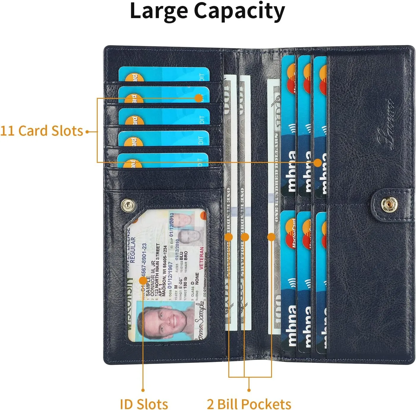 Lavemi Ultra Slim Thin Leather Women Wallet RFID Blocking Credit Card Holder Bifold Long Ladies Billfold