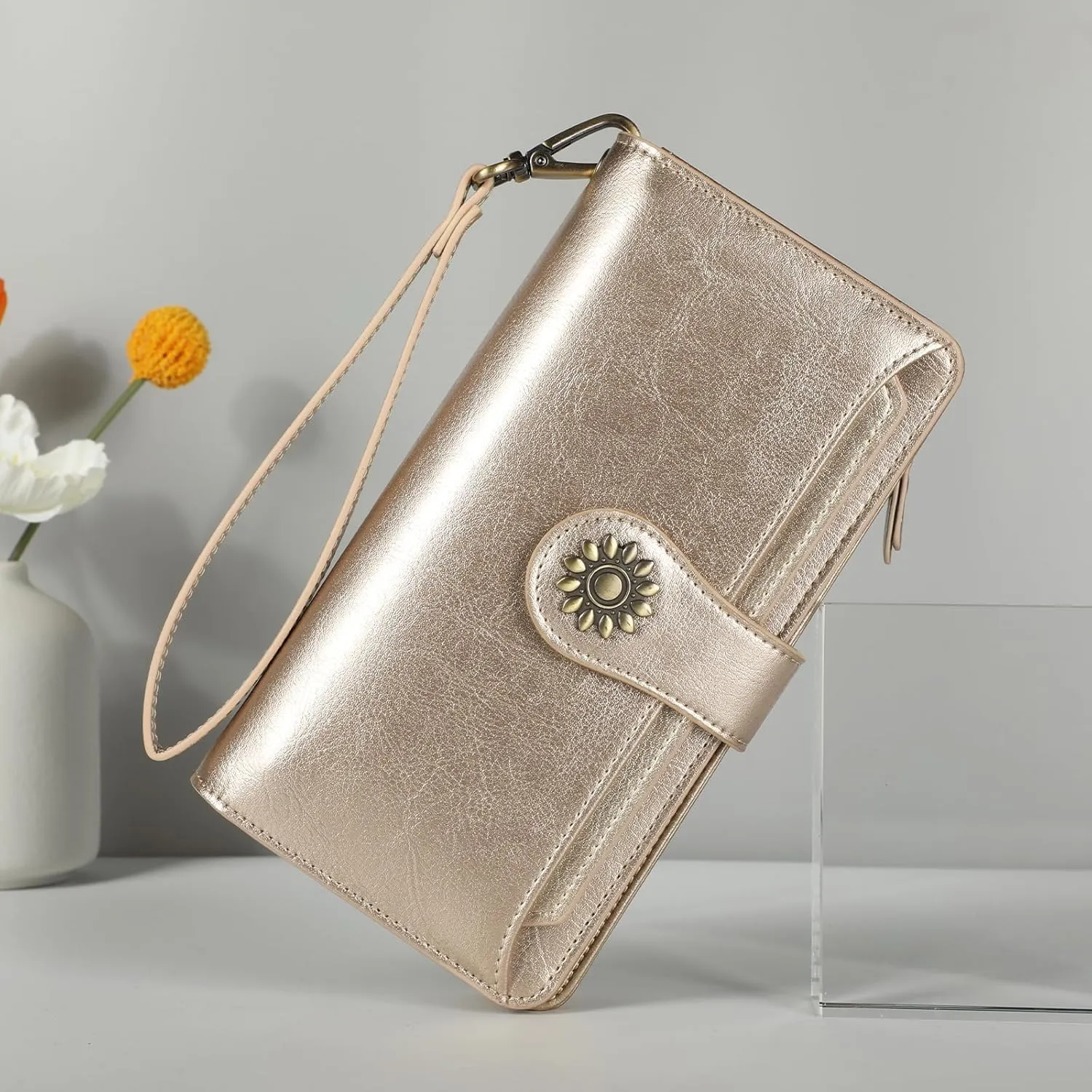 Lavemi Womens Genuine Leather Large Capacity RFID Blocking Wallets Clutch Card Holder With Wristlet Strap
