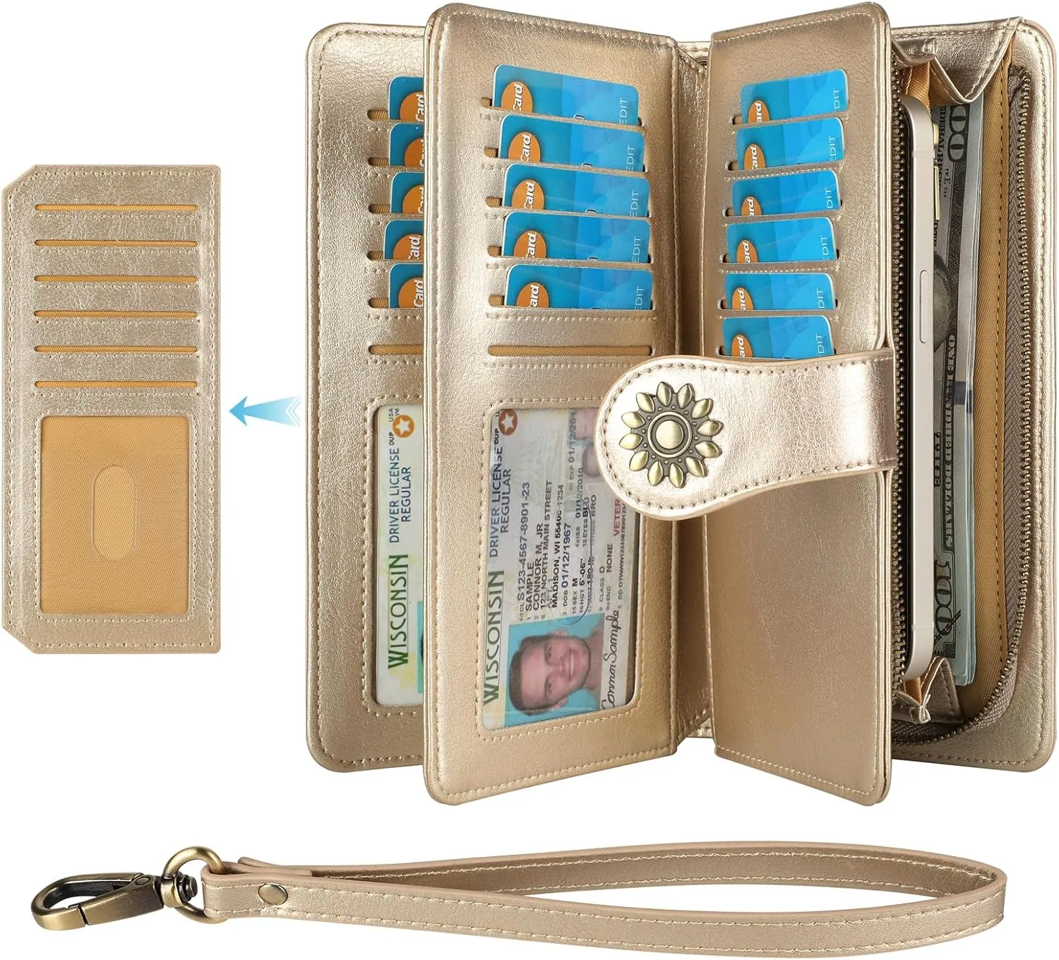 Lavemi Womens Genuine Leather Large Capacity RFID Blocking Wallets Clutch Card Holder With Wristlet Strap