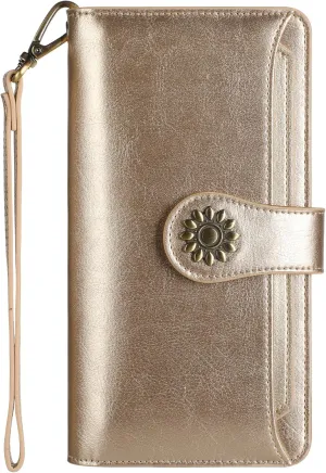 Lavemi Womens Genuine Leather Large Capacity RFID Blocking Wallets Clutch Card Holder With Wristlet Strap