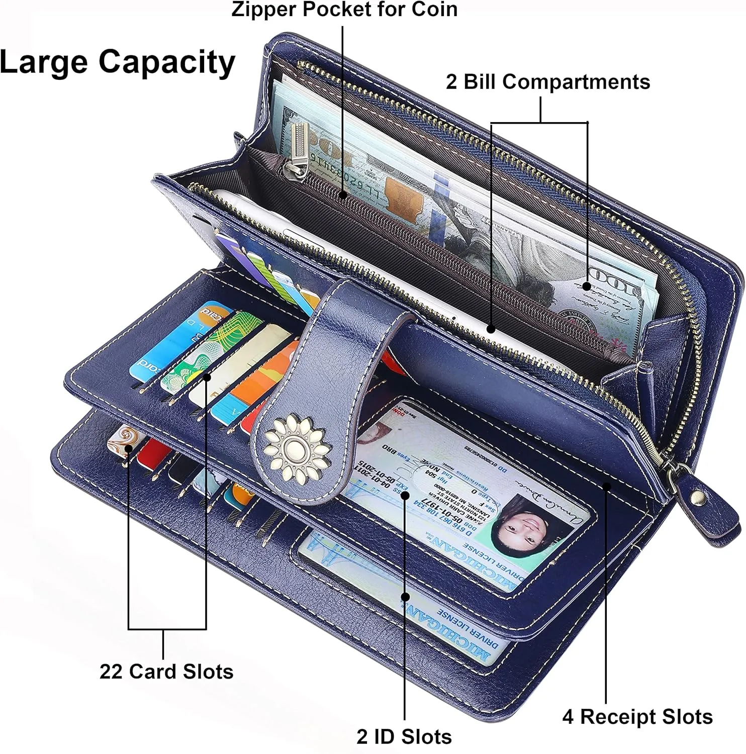 Lavemi Womens Large Capacity Genuine Leather RFID Blocking Wallets Wristlet Clutch Card Holder