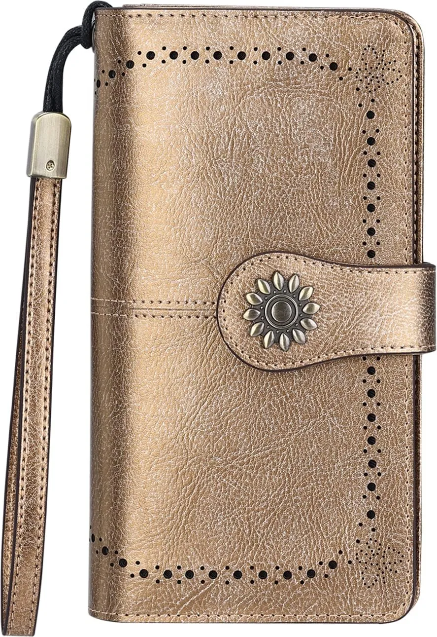 Lavemi Womens Large Capacity Genuine Leather RFID Blocking Wallets Wristlet Clutch Card Holder