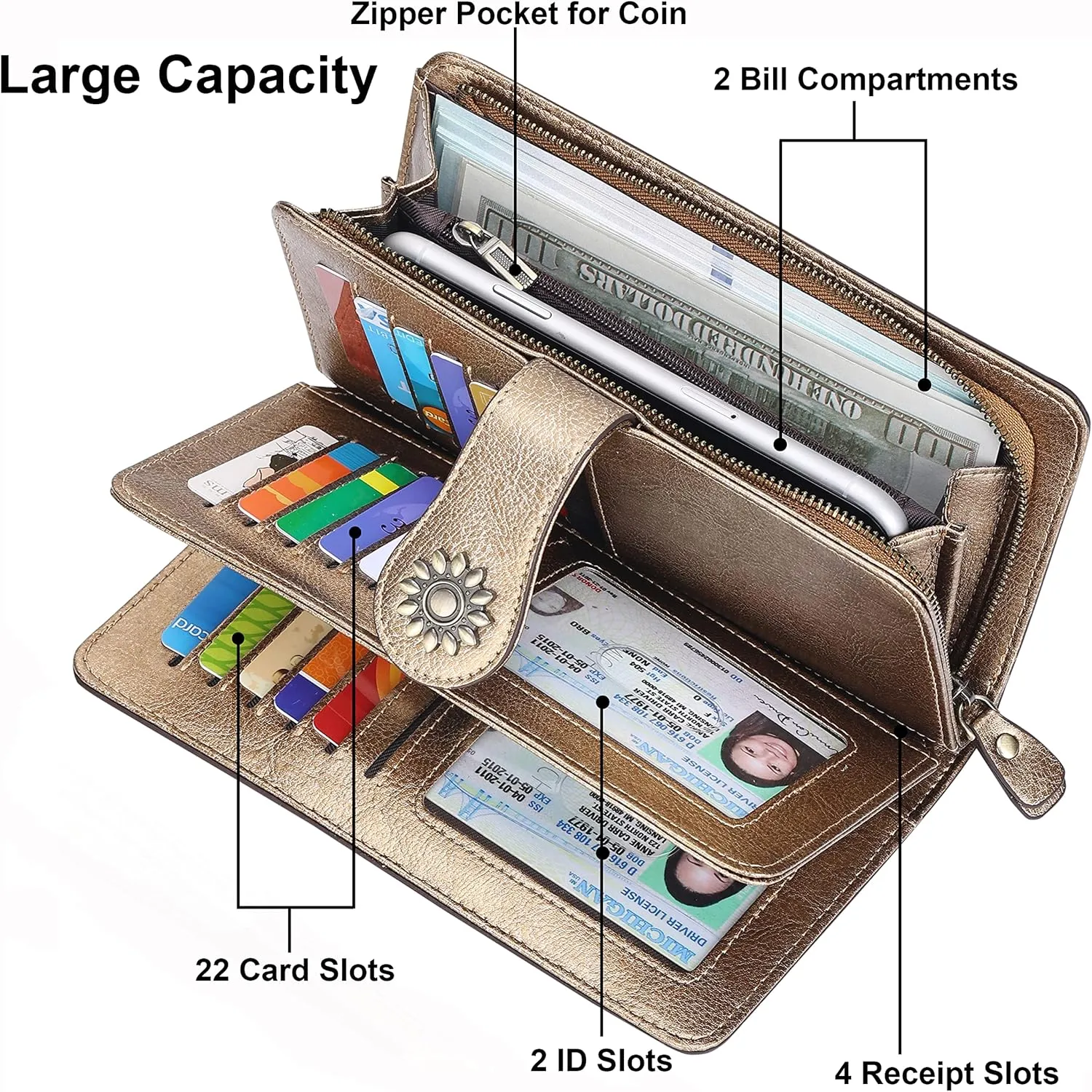 Lavemi Womens Large Capacity Genuine Leather RFID Blocking Wallets Wristlet Clutch Card Holder