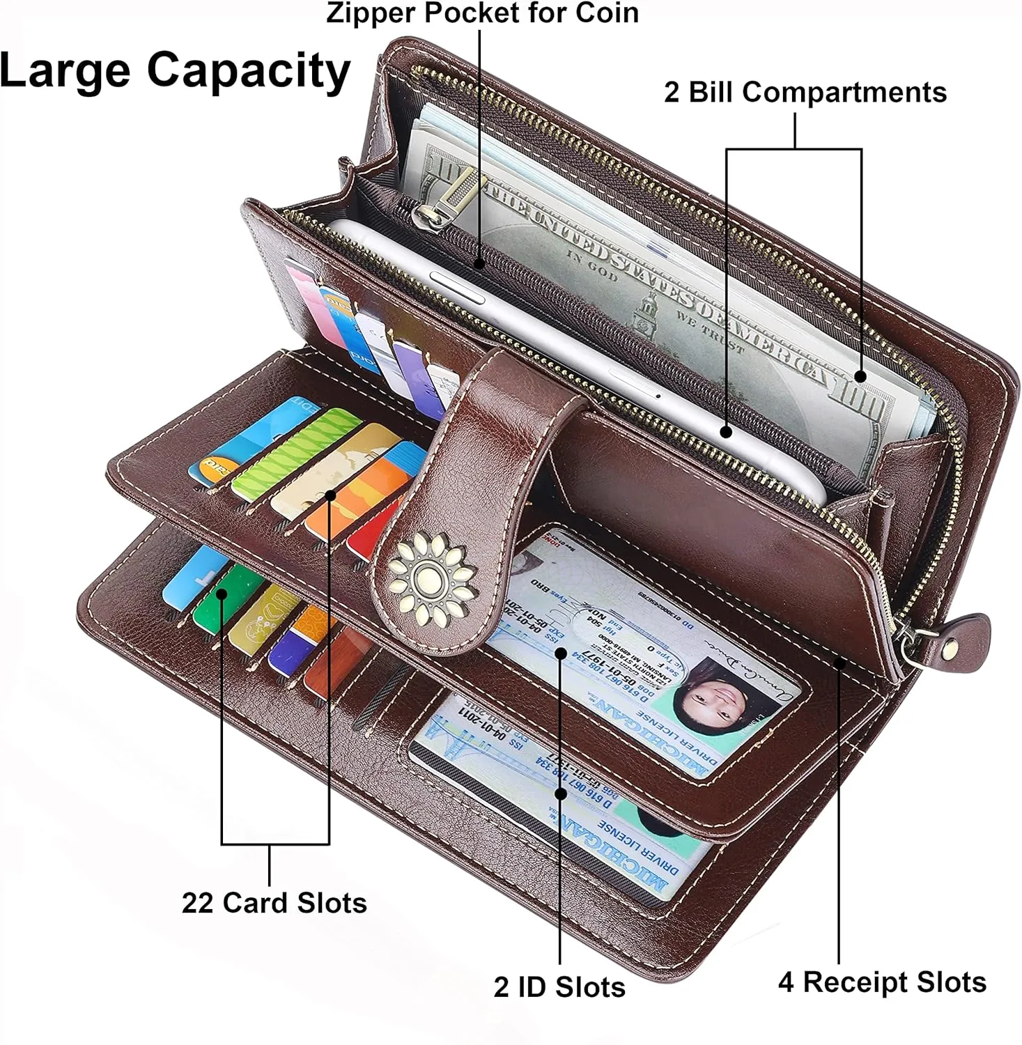 Lavemi Womens Large Capacity Genuine Leather RFID Blocking Wallets Wristlet Clutch Card Holder