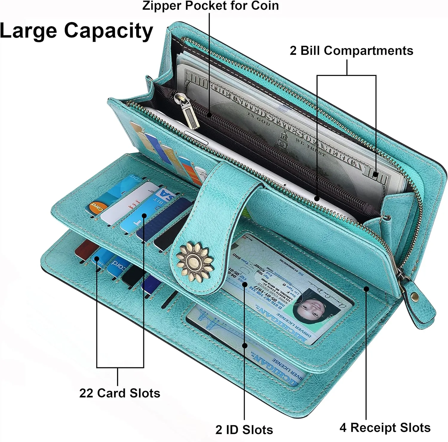 Lavemi Womens Large Capacity Genuine Leather RFID Blocking Wallets Wristlet Clutch Card Holder