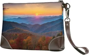 Leather Clutch Bag Funny Print Elegant Versatile Large Wallet Purse, Gifts for Women (Blue Ridge Parkway Mountains)