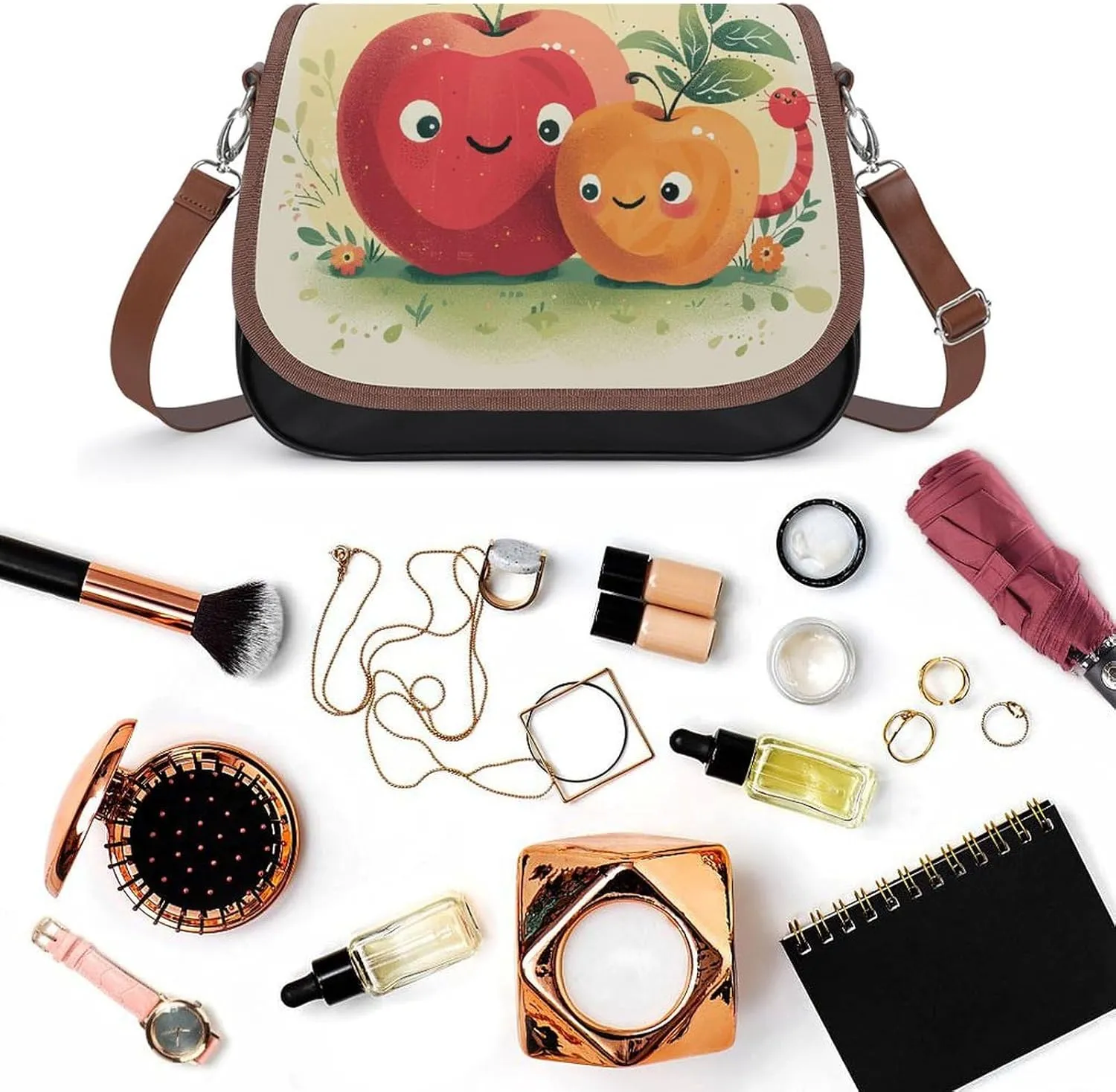 Leather Crossbody Bag for Women Bugs And Leaves Detachable Strap Handbags Travel Purse Shoulder Bag for Daily Use