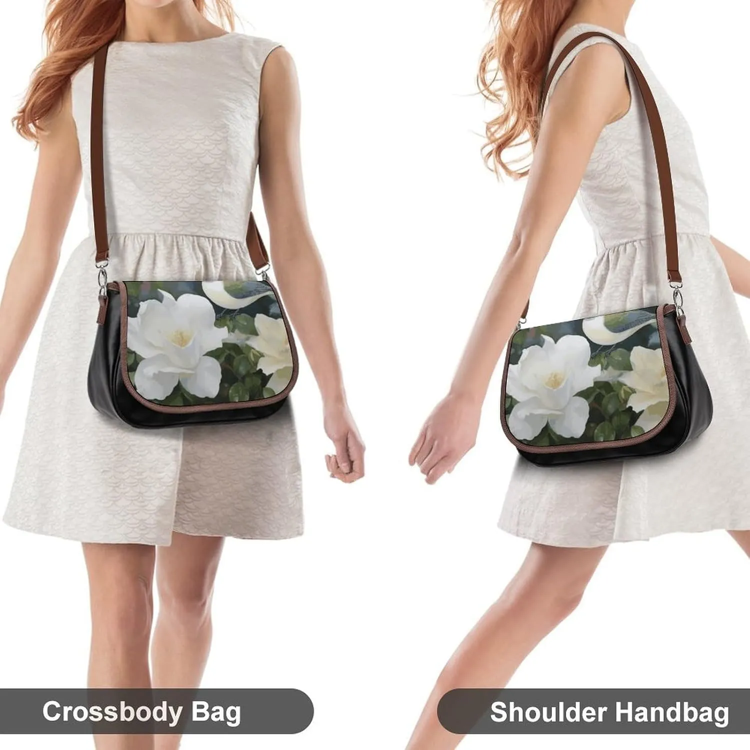 Leather Crossbody Bag for Women Navy Blue Flower Detachable Strap Handbags Travel Purse Shoulder Bag for Daily Use
