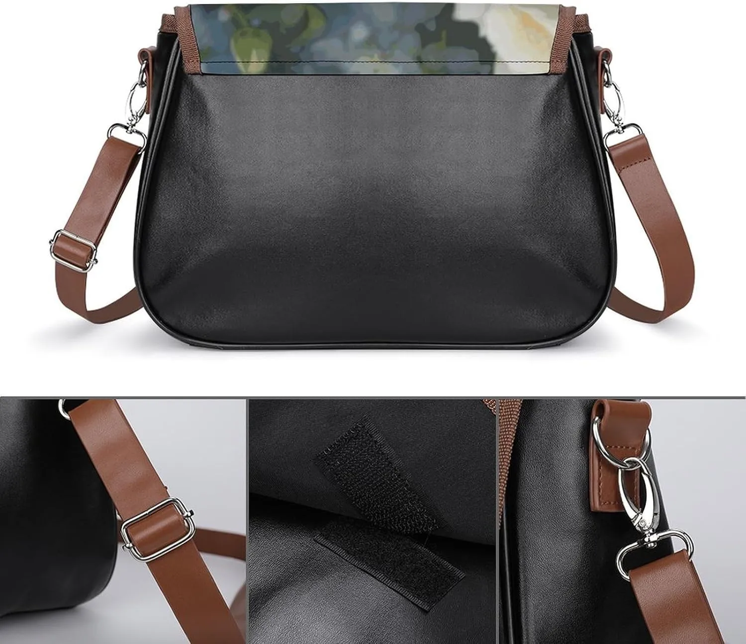 Leather Crossbody Bag for Women Navy Blue Flower Detachable Strap Handbags Travel Purse Shoulder Bag for Daily Use