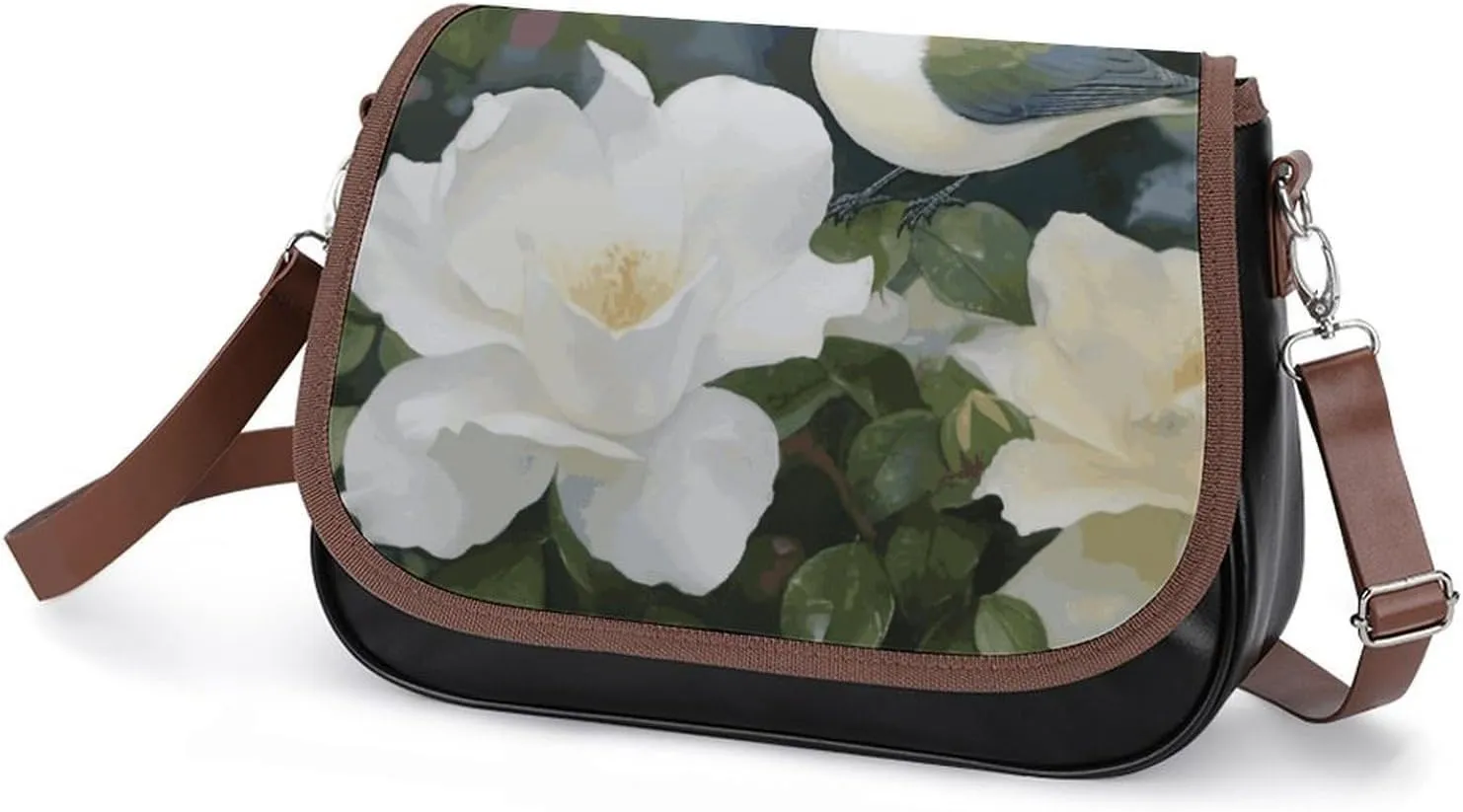 Leather Crossbody Bag for Women Navy Blue Flower Detachable Strap Handbags Travel Purse Shoulder Bag for Daily Use