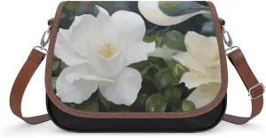 Leather Crossbody Bag for Women Navy Blue Flower Detachable Strap Handbags Travel Purse Shoulder Bag for Daily Use