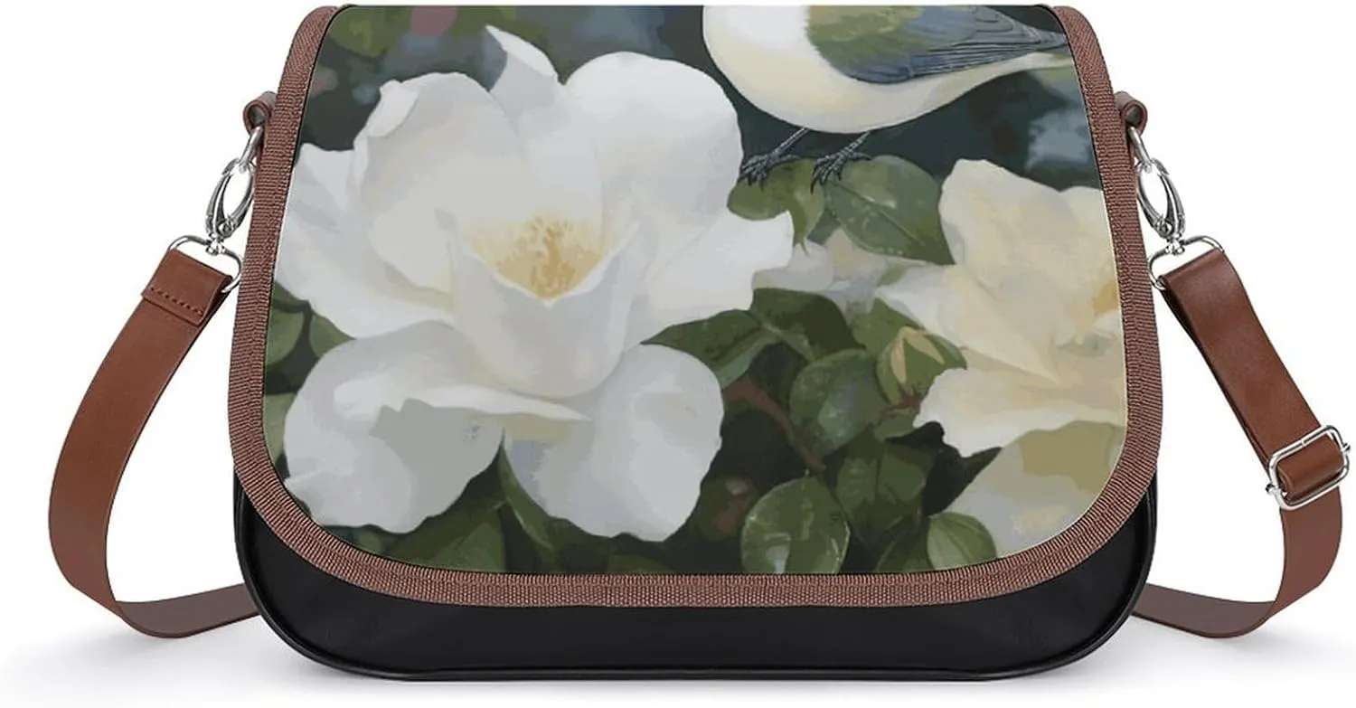 Leather Crossbody Bag for Women Navy Blue Flower Detachable Strap Handbags Travel Purse Shoulder Bag for Daily Use