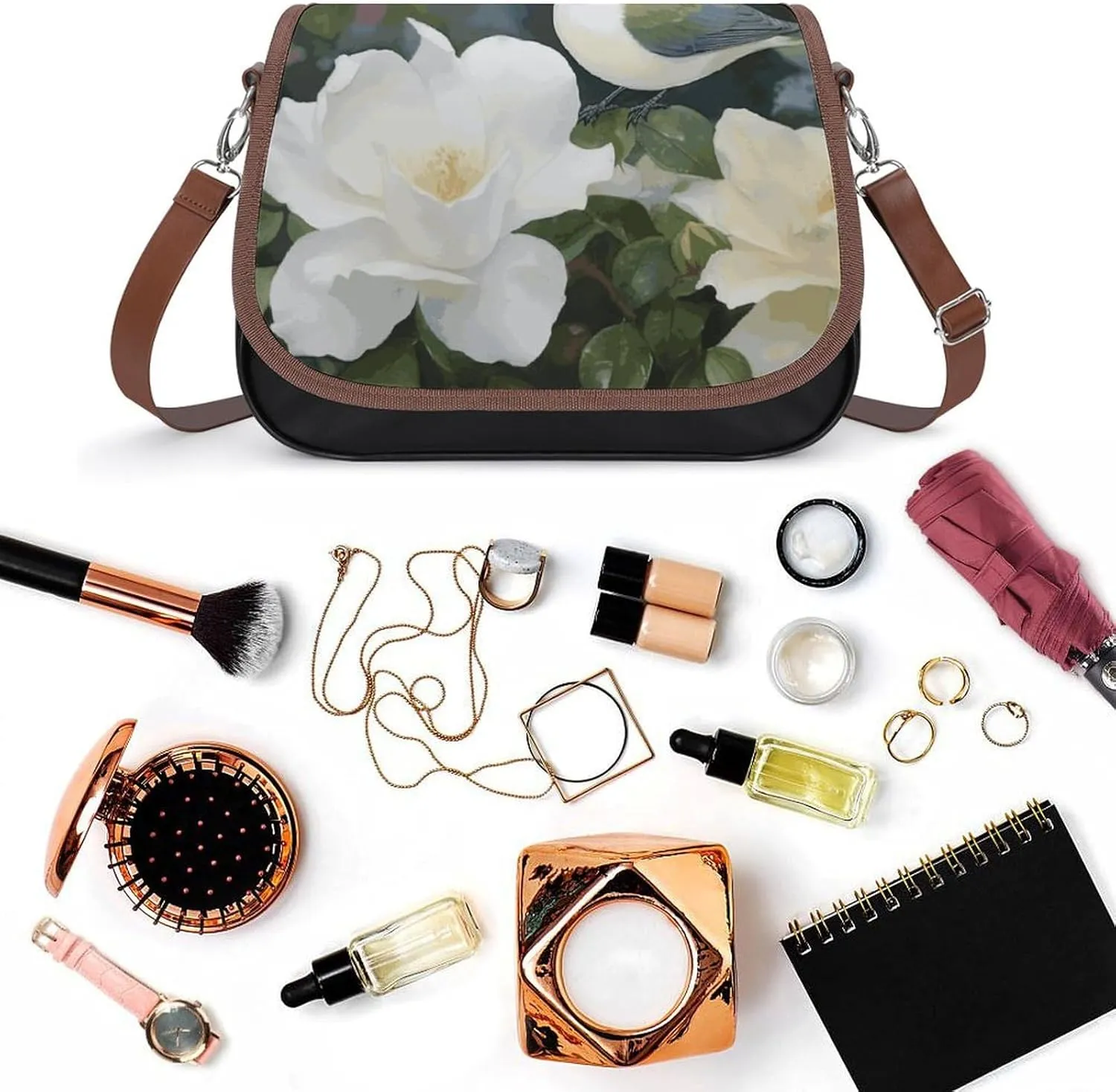 Leather Crossbody Bag for Women Navy Blue Flower Detachable Strap Handbags Travel Purse Shoulder Bag for Daily Use